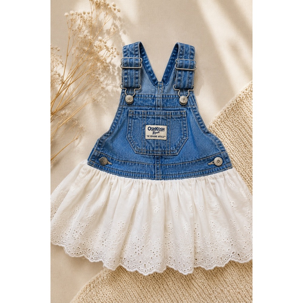 OshKosh B'gosh 12M Denim Overall Dress White Eyelet Baby Cottagecore Y2K